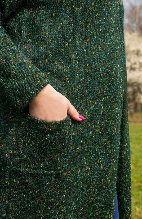 Długi sweter z kapturem zielony melanż