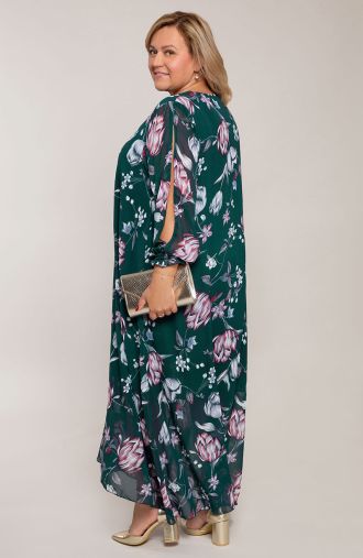 Szyfonowa sukienka w szaro-bordowe kwiaty