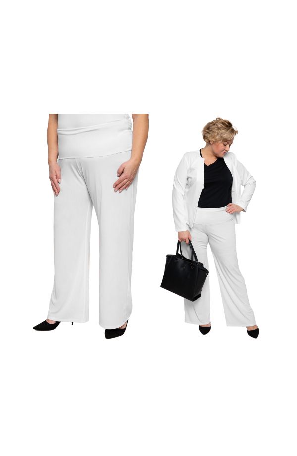 Białe spodnie plus size dla puszystych z wyszczuplającym pasem