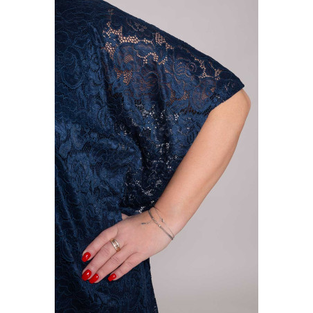 Granatowa sukienka dwuczęściowa wieczorowa z koronkową bluzką dla puszystych na wesele | Modne Duże Rozmiary