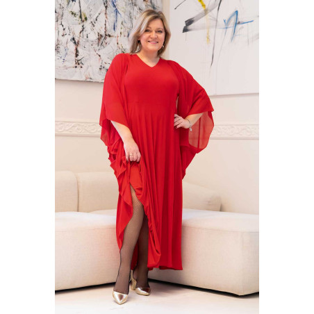 Długa czerwona rozkloszowana sukienka maxi z szyfonową mantylką i dekoltem V | Modne Duże Rozmiary