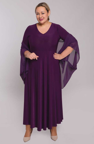 Długa purpurowa sukienka z mantylką