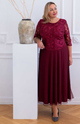 Bordowa wieczorowa suknia damska plus size z cekinową koronkową górą - kwiatowy wzór | Modne Duże Rozmiary
