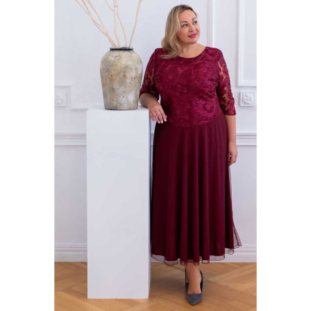 Bordowa wieczorowa suknia damska plus size z cekinową koronkową górą - kwiatowy wzór | Modne Duże Rozmiary