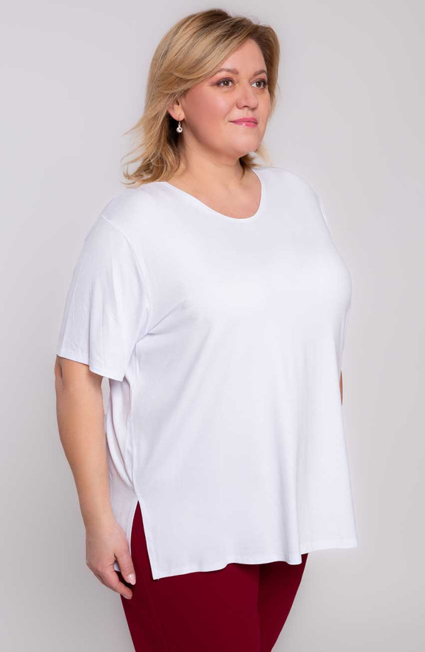 Biała dzianinowa gładka koszulka z krótkim rękawem plus size | Modne Duże Rozmiary