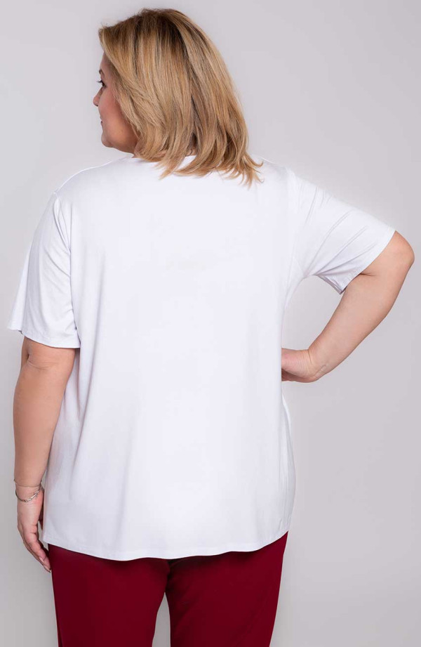 Biała dzianinowa gładka koszulka z krótkim rękawem plus size | Modne Duże Rozmiary
