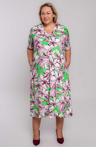Zielona sukienka fioletowe kwiaty