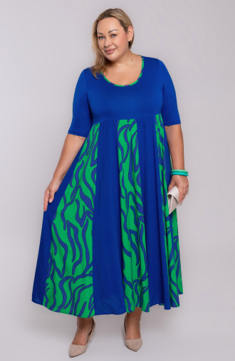 Długa chabrowa sukienka z zielonym wzorem