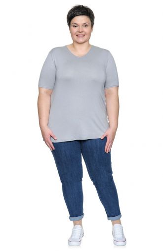 Bluzki damskie duże rozmiary - jasnoszara gładka koszulka z wiskozy