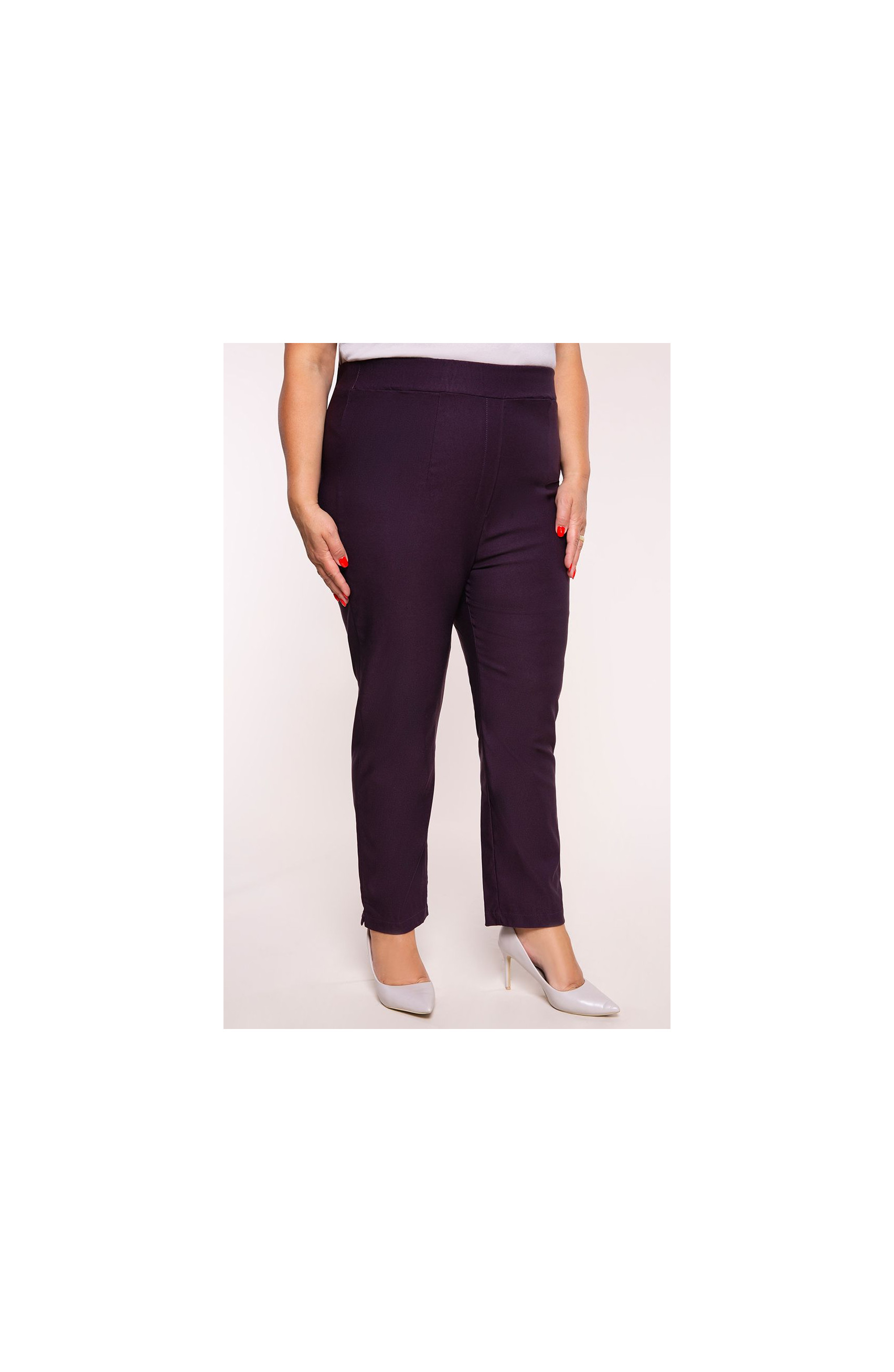 Purpurowe spodnie cygaretki plus size dla puszystych bardzo wysoki stan
