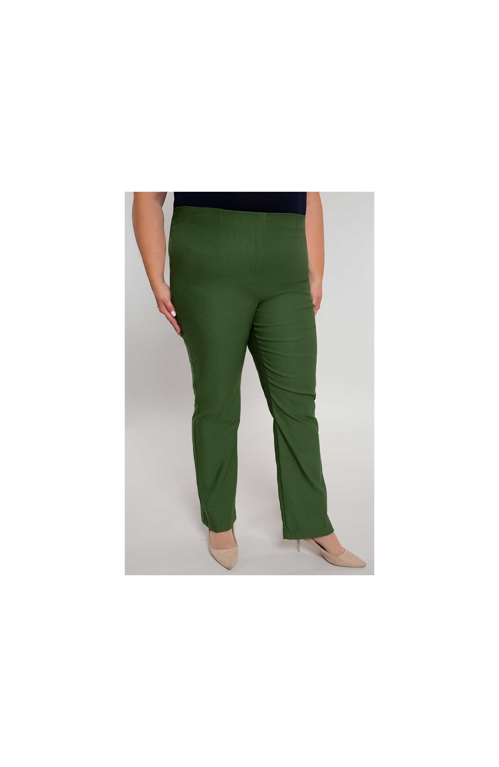 Dłuższe proste spodnie plus size dla puszystych w kolorze oliwki